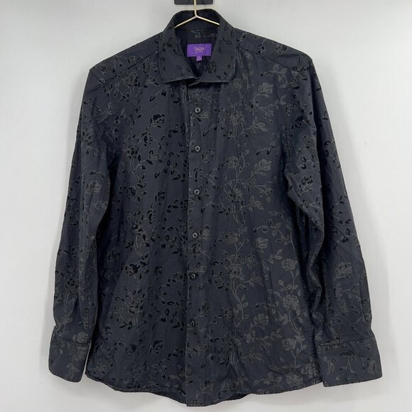 Tallia Men's Medium Black Floral Velvet Burnout Long Sleeve Button-Up Shirt - Picture 1 of 11